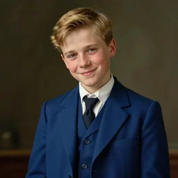 portrait painting ofa man about 2 8 years old, british, wearing a blue suit, short blond hair, smiling, tired, confident unreal render cinematic lighting art 1 9 2 0 period drama by bussiere rutkowski andreas rocha