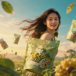 unbelievably beautiful, perfect, dynamic, epic, cinematic 8 k hd movie shot of semi - close - up beautiful eco food packaging materials for advertisement. by a chinese movie director. motion, vfx, inspirational arthouse, wlop, great composition, artstation, gradient colors