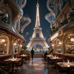 parisian restaurant at night, by Greg Rutkowski and Gaston Bussiere, beautiful volumetric-lighting-style atmosphere, futuristic atmosphere, intricate, detailed, photorealistic imagery, artstation, by Evgeny Lushpin