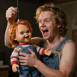 man using screaming chucky doll as fishing bait