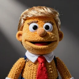 close up of donald trump muppet, puppet, wool, dslr photo