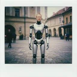legnica. medium shot. cyborg cybernetic mark zuckerberg, in legnica, full body, cinematic focus, polaroid photo, vintage, neutral dull colors, soft lights, by oleg oprisco, by thomas peschak, by discovery channel, by victor enrich, by gregory crewdson