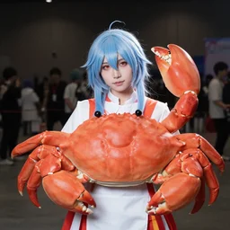 cosplayer dressed like a crab, in 2 0 1 8, at a crab convention, royalcore, low - light photograph, photography by tyler mitchell