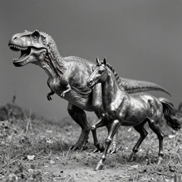 [ [ t rex ] ] and a horse with legs, movement, [ metal ], black and white photograph, 1 8 5 0 s