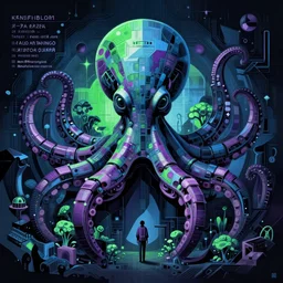 robotic cyberpunk octopus by miyazaki, blue green purple black color palette, symmetrical vector illustration, kenneth blom, mental alchemy, james jean, pablo amaringo, naudline pierre, contemporary art, hyper detailed