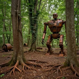a forest scene. squat trees have planted their roots amid coppery, rusting machinery ; they're so overgrown, we can't tell what the old machines possibly could have been used for. we can make out one larger automaton among the ruins. vines drape over all