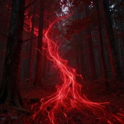 a red energy flowing through a forest turning everything it touches into red, cinematic, real, 4k, art station, render, moody, red, glow