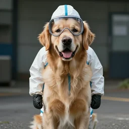 golden retriever in hazmat suit, 8 k, cinematic, ultra realistic