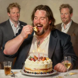extremely!! fat!!!!!!!!!!!!!!!!!!!!!!! keanu reeves, celebrating, eating, extremely happy, birthday painting, elegant intricate digital painting artstation concept art by mark brooks and brad kunkle detailed