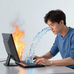 a man spilling water onto his computer, the computer then catches on fire