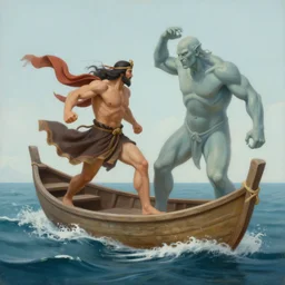 painting of a mythical hero crossing the ocean on a small boat fighting a humanoid personification of a wave. a personification of the moon overlooks the fight. art by gaston bussiere.