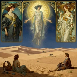 an oasis in the middle of the desert, an art deco painting by Frederic Leighton and Daniel Maclise and Rolf Armstrong and Evelyn De Morgan and Bastien Lecouffe-Deharme, dutch golden age, dramatic lighting, high contrast colors, baroque, empyrean, panoramic view, cgsociety, highly detailed, doom engine,