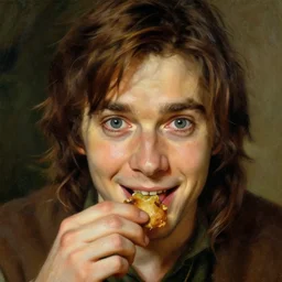 portrait of pewdiepie as a hobbit, happy hobbit eating, by alan lee, lord of the rings, smooth, oil painting, matte painting, concept art, trending on artstation, promotional artwork, film still, elegant, photorealistic facial features, intricate, detailed face, cinematic lighting