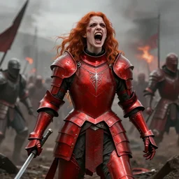 a girl with a long red hair wearing a full-body red plate armor screaming in a battlefield, horror picture, hyperrealistic, concept art, octane render, unreal engine 5, 8K HDR, highly detailed, high quality, fantasy armor