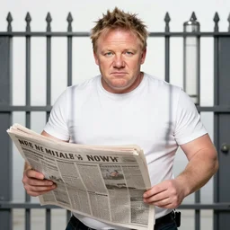 fat gordon ramsay escaping from prison, hyper realistic, photo, photo studio, news paper, hyper detailed, smooth