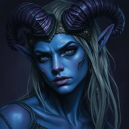a shy purple skin horned tiefling woman, blue skin,, gentle portrait by daniel docciu and christophe young