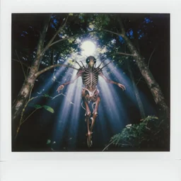 4 k rhizomatic computer vision!!!! a forest god, his insectile head materialising from the canopy ; corporeal chitinous flesh spun solid from beam and vapour. he manifests in moonlight, slipping through arched branches, night time photography mystical polachrome 3 5 mm instant film