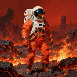A space miner wearing orange spacesuit, high-tech spacesuit armor, in a lava planet, red tones, magma rock, lava and fire, art by James Gilleard, James Gilleard artwork, vintage