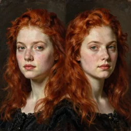 symmetrical portrait of a stocky redheaded woman, oil painting by Rembrandt