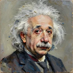 oil paint impasto relief, portrait of einstein, multi layered thick brush marks, some splattered paint, in the style frank auerbach and magritte