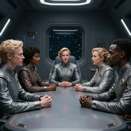 movie diverse interracial team of European sci-fi futuristic space explorers talking at the table in a spaceship, beautiful skin, Symmetrical faces. Beautiful lighting by Emmanuel Lubezki