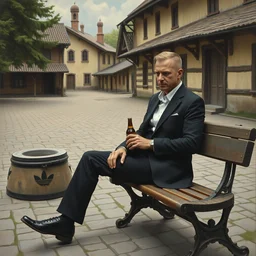 vin diesel in an black adidas suite sits on a bench with a bottle of beer in the courtyard of a provincial russian town, oil on canvas, naturalism w