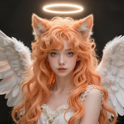 Portrait of a girl angel with pale orange colored fuzzy frizzy hair, cat ears, glowing halo, wings, fantasy, intricate, elegant, highly detailed, digital painting, artstation, concept art, smooth, sharp focus, illustration, art by Krenz Cushart and Artem Demura and alphonse mucha