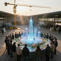 crane shot of large group people in open warehouse, looking at hologram of futuristic city on a table, cinematic still, godrays, golden hour, natural sunlight, 4 k, clear details, tabletop model buildings, tabletop model, ethereal hologram center, crane shot, crane shot, rule of thirds, people, people, award winning