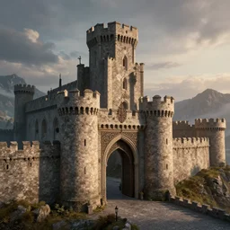 riverrun castle from westeros at dawn, stone architecture, massive gates, tower keep, ornate ironwork, detailed infrastructure by greg rutkowski, artstation and frank lloyd wright, extremely hyperdetailed, intricate construction, ramparts, battlements, mountains, clouds, uhd