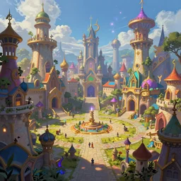 a wide open courtyard in an epic, colorful wizard city, magic, a fantasy digital painting by greg rutkowski and james gurney, trending on artstation, highly detailed