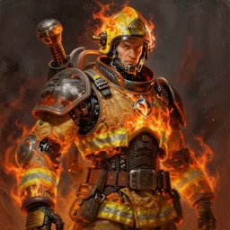 a beautiful portrait painting of an d & d fantasy fireman cyborg, portrait fantasy art, art by keith parkinson and greg rutkowski and tim hildebrandt