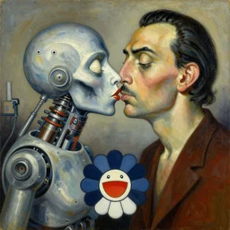Oil painting by Roberto Matta. Strange mechanical beings kissing. Close-up portrait by Takashi Murakami. Yves Tanguy. Dali.
