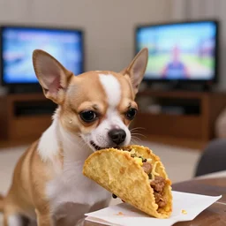 Chihuahua eating taco bell in his room while watching television