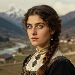 hyper realistic and detailed vintage portrait photo of a beautiful beautifully lit nepalese Victorian woman with stunning reflective eyes in a himalayan valley by alphonse mucha and annie leibovitz