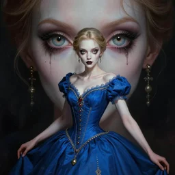 in the style of joshua middleton, artgerm, beautiful cher, steampunk, full body, blue dress, elegant pose, middle shot, spooky, symmetrical face, symmetrical eyes, detailed realisitc eyes, detailed realistic eyes, detailed and intricate