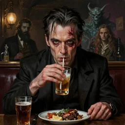 matte painting character illustration of a bloodied john constantine going to lunch and drinking at a dive bar in london, digital painting, illustration, constantine, john singer sargent, magical creatures in the background, amazing values, 8 k, gothic, realistic face details, symmetrical face details, realistically rendered face, photorealistic eyes, moody lighting, octane render