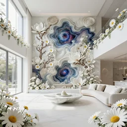 highly detailed sharp villa interior cinematic composition of biophilic white daisies ceramic porcelain magnolia stone nebula fluid sci - fi surreal colorful architecture landscape, furniture, granite, trees, marble, moss, lichen, fungi, vincent callebaut composition, mamou - mani, cinematic morning light, 8 k, unreal engine, hdr