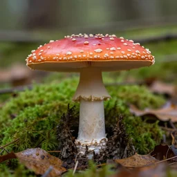 amanita muscaria mushroom in a woodland, moss and leaves on the floor, depth of field, f / 2. 8