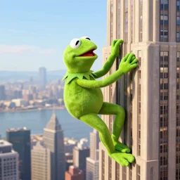 kermit the frog scaling the empire state building like hong kong