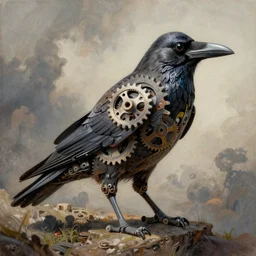 artistic drawing of a surreal crow, made of engrenage by andrew ferez and johfra bosschart, visionary, detailed, realistic, surreality