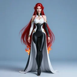 Full body Portrait of a female elementalist, black-white skintight robes!, leggins, golden accessories, fiery red hair, long straight hair, sculptured face, blue eyes, red lipstick, floating, fire and ice split evenly!, dual magics, extremely detailed, by frank franzzeta, WLOP, Genzoman and gary gygax, trending on artstation, artstationHD, artstationHQ, deviantart, 16K, HD, matte painting, vibrant colors