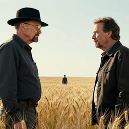 extreme long shot of walter white wearing a black hat and gustavo fring standing facing each other from a distance in a wheat field, insanely detailed, low angle, side view, perfect angle, 8 5 mm photograph, 8 k resolution, wide shot, sharp lens, cinematic