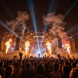 a futuristic epic rock concert with flames and laser, huge clouds of smoke and bright beams of light, the crowd are screaming in ecstasy, hypermaximalistic, high details, cinematic, 8k resolution, beautiful detailed, insanely intricate details, artstation trending, octane render, unreal engine