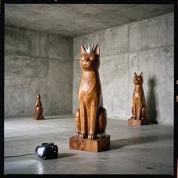 kodak portra 4 0 0, 8 k, wide flashlight shot of a highly detailed, britt marling style, colour still - life portrait of a large minimalistic room, rough concrete walls, the wooden statue of a cat with silver crown on the head