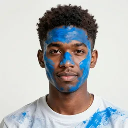 bright vintage photo of young black man covered in blue paint wearing a bright yellow jacket on white background, grainy film photograph, slightly overexposed