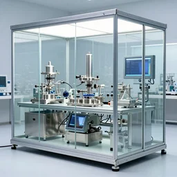 a plant incubator made of glass, many stainless steel, precision instruments and screens. there is a pine bonsai inside. there are many transparent hoses in the glass fiber reinforced plastic. the hoses are filled with water and mist. the ultraviolet lamp illuminates the pine trees above the box, highly detailed