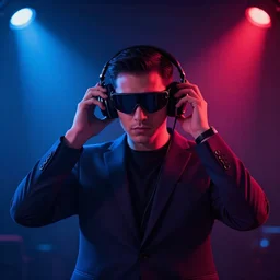 a man in red and blue spotlights, in a dark suit, holds on to the headphones on his head, he wears dark visors, cyber songman, cyberpunk style