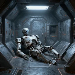 Inside of a new and shiny futuristic bunker.A single destroyed robot lying on the ground.High quality , highly detailed, 4k , dead space , system shock 2