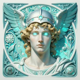 the god hermes, portrait, young man, curly blond hair, glowing eyes, helmet with wings, volumetric lights, cyan and white scheme, art nouveau botanicals, gothic, intricate, highly detailed, digital painting, artstation, concept art, smooth, sharp focus, symmetric face, illustration, steampunk, art by artgerm and greg rutkowski and alphonse mucha