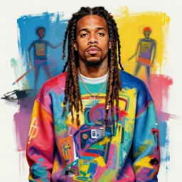 portrait of j cole in a sweatshirt in the style of basquiat, colorful, artistic, vibrant, high fashion, art